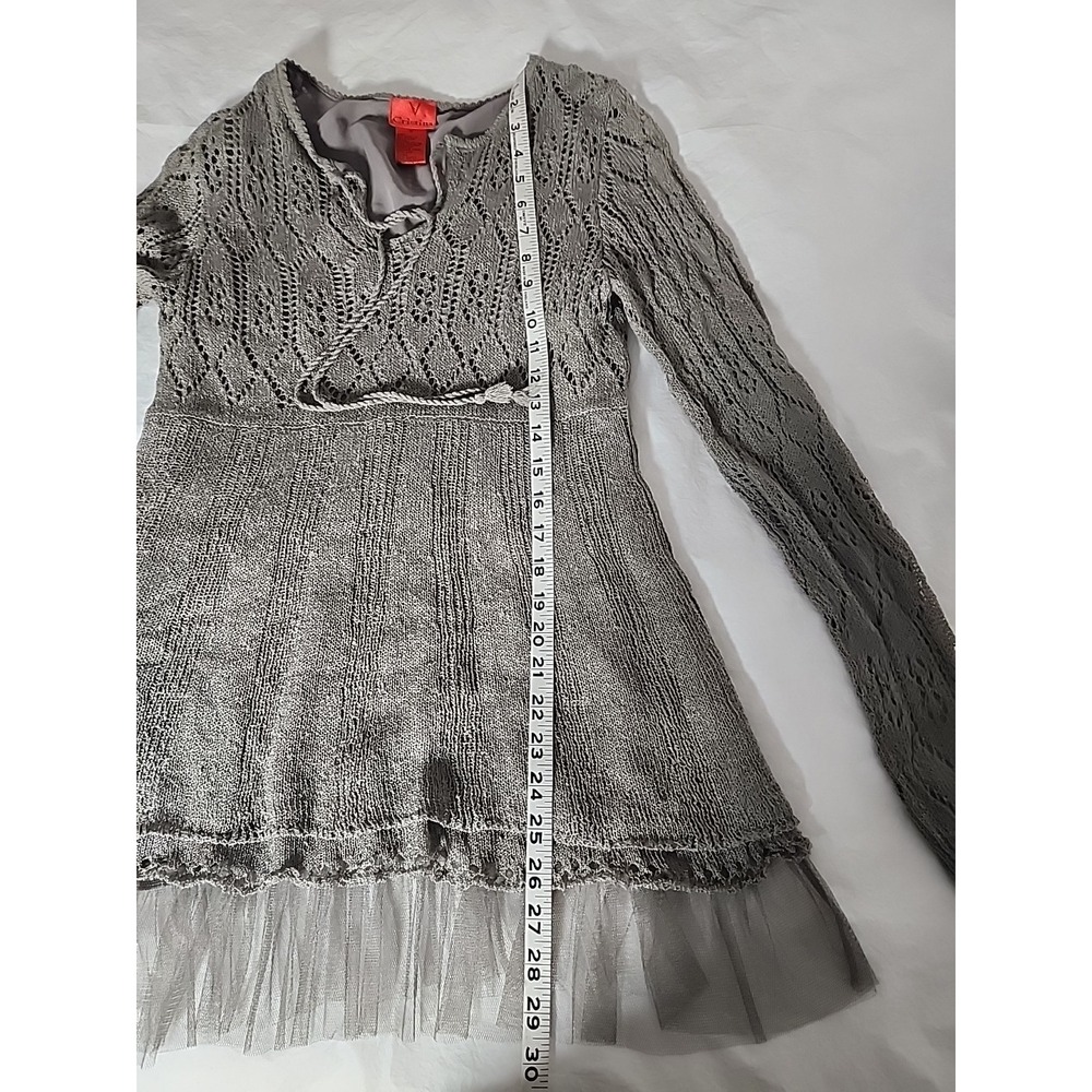 Christina V Women's Medium Crochet‎ Sweater Long Sleeve Gray Toole Trim Boho EUC - Picture 12 of 13